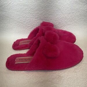 KATE SPADE Neon Hot Pink Faux Fur Slides Slippers w/ Bow Spade Logo; SIZE 9 B